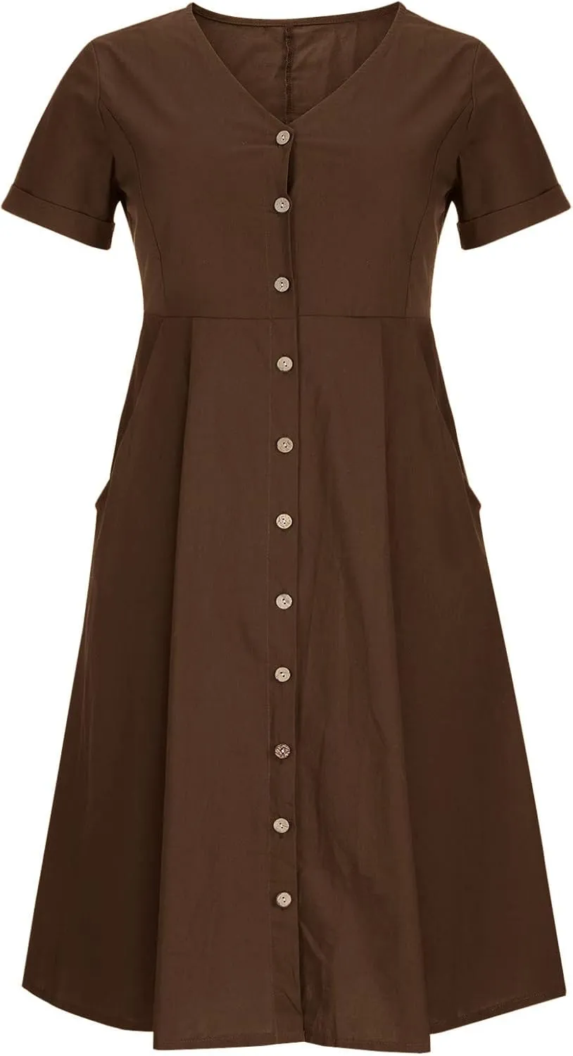 Women's V Neck Pleated Summer Dress Trendy Casual Short Sleeve Midi Dresses Loose Comfort Cotton Linen Dress