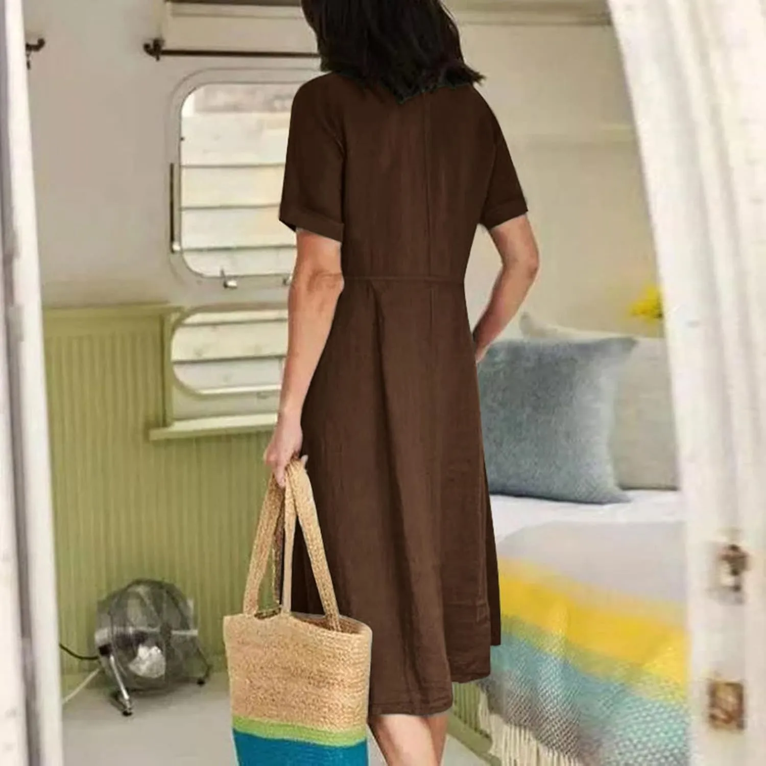 Women's V Neck Pleated Summer Dress Trendy Casual Short Sleeve Midi Dresses Loose Comfort Cotton Linen Dress