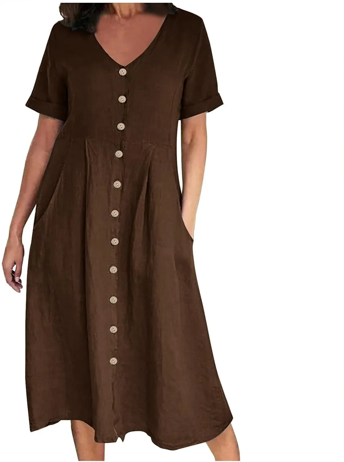 Women's V Neck Pleated Summer Dress Trendy Casual Short Sleeve Midi Dresses Loose Comfort Cotton Linen Dress