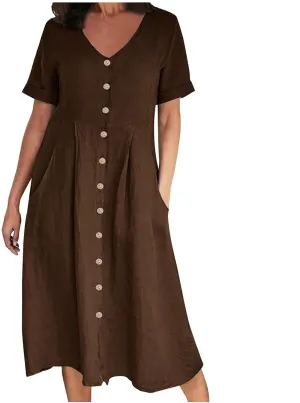 Women's V Neck Pleated Summer Dress Trendy Casual Short Sleeve Midi Dresses Loose Comfort Cotton Linen Dress