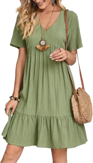 Women's V Neck Short Sleeve Ruffle Hem Mini Dress 2025 Summer Elegant Soft Boho Flowy A-Line Solid Chiffon Tunic Dresses
