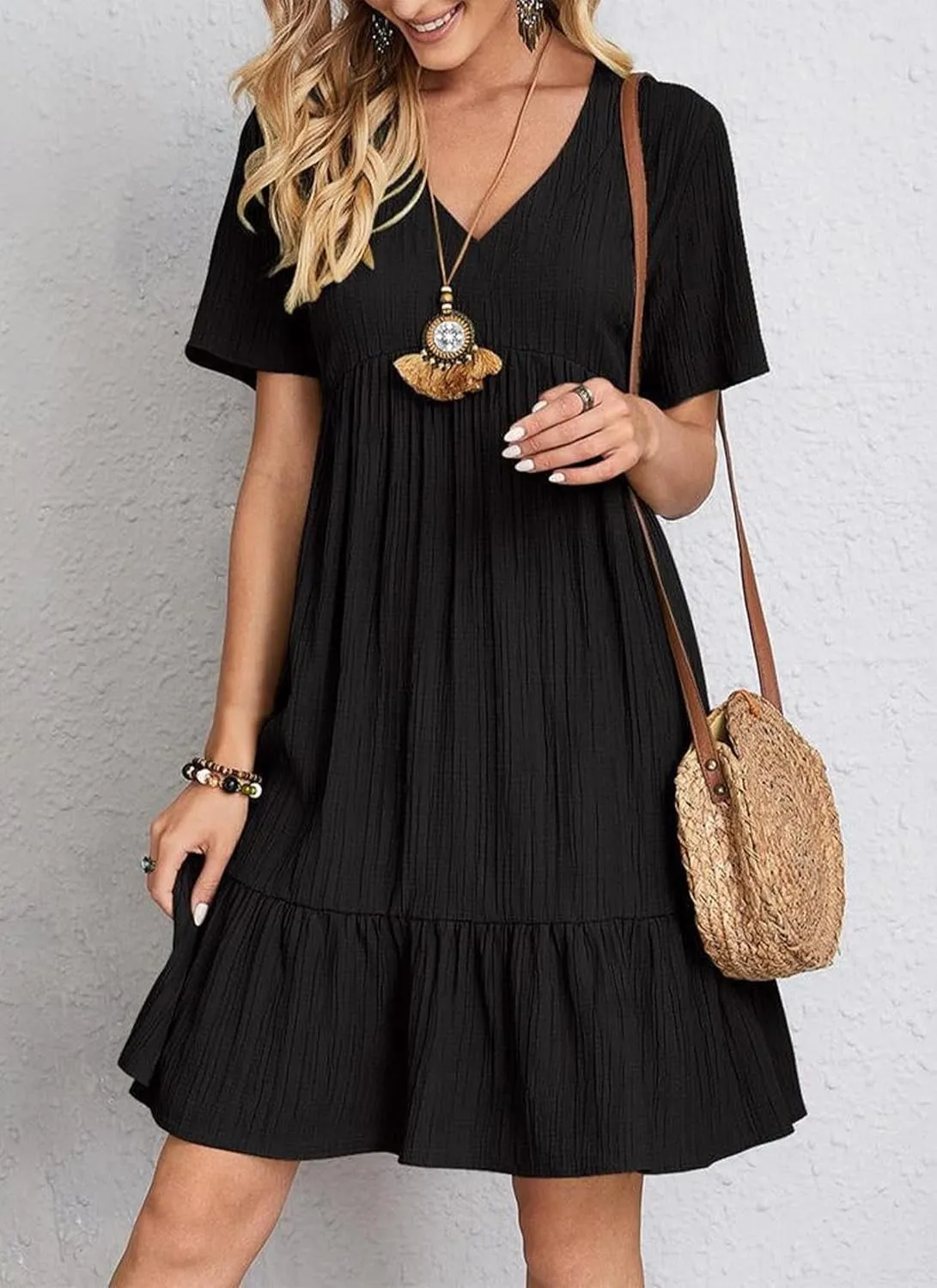 Women's V Neck Short Sleeve Ruffle Hem Mini Dress 2025 Summer Elegant Soft Boho Flowy A-Line Solid Chiffon Tunic Dresses