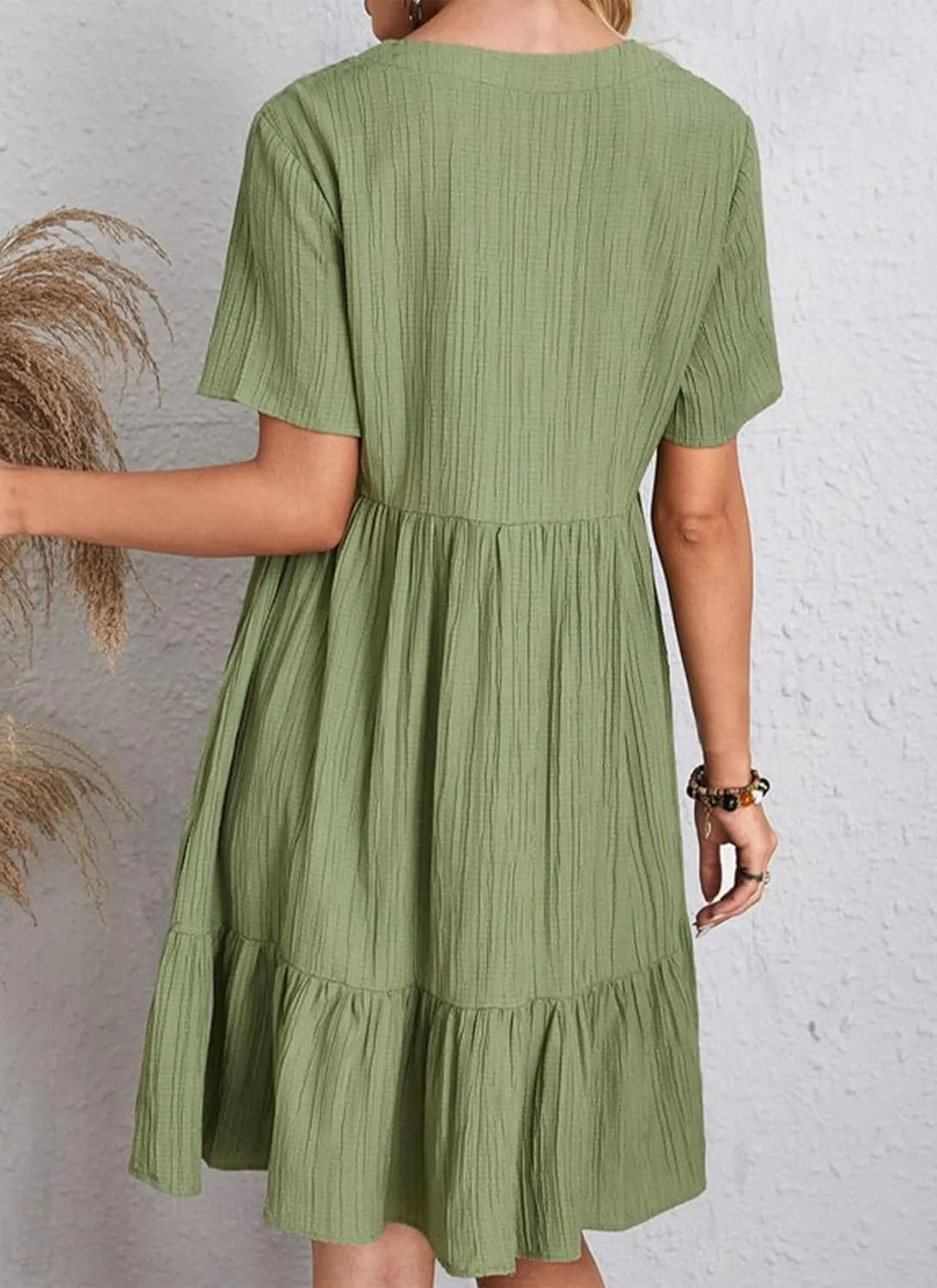 Women's V Neck Short Sleeve Ruffle Hem Mini Dress 2025 Summer Elegant Soft Boho Flowy A-Line Solid Chiffon Tunic Dresses