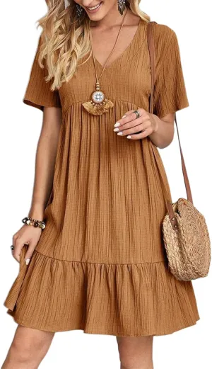 Women's V Neck Short Sleeve Ruffle Hem Mini Dress 2025 Summer Elegant Soft Boho Flowy A-Line Solid Chiffon Tunic Dresses
