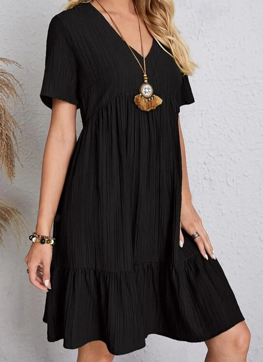 Women's V Neck Short Sleeve Ruffle Hem Mini Dress 2025 Summer Elegant Soft Boho Flowy A-Line Solid Chiffon Tunic Dresses