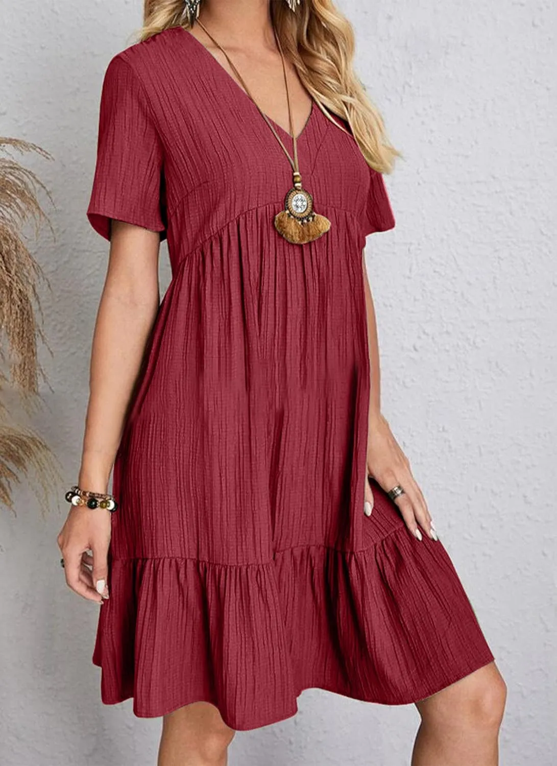 Women's V Neck Short Sleeve Ruffle Hem Mini Dress 2025 Summer Elegant Soft Boho Flowy A-Line Solid Chiffon Tunic Dresses