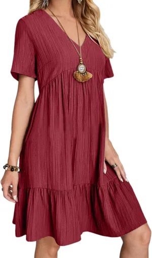 Women's V Neck Short Sleeve Ruffle Hem Mini Dress 2025 Summer Elegant Soft Boho Flowy A-Line Solid Chiffon Tunic Dresses