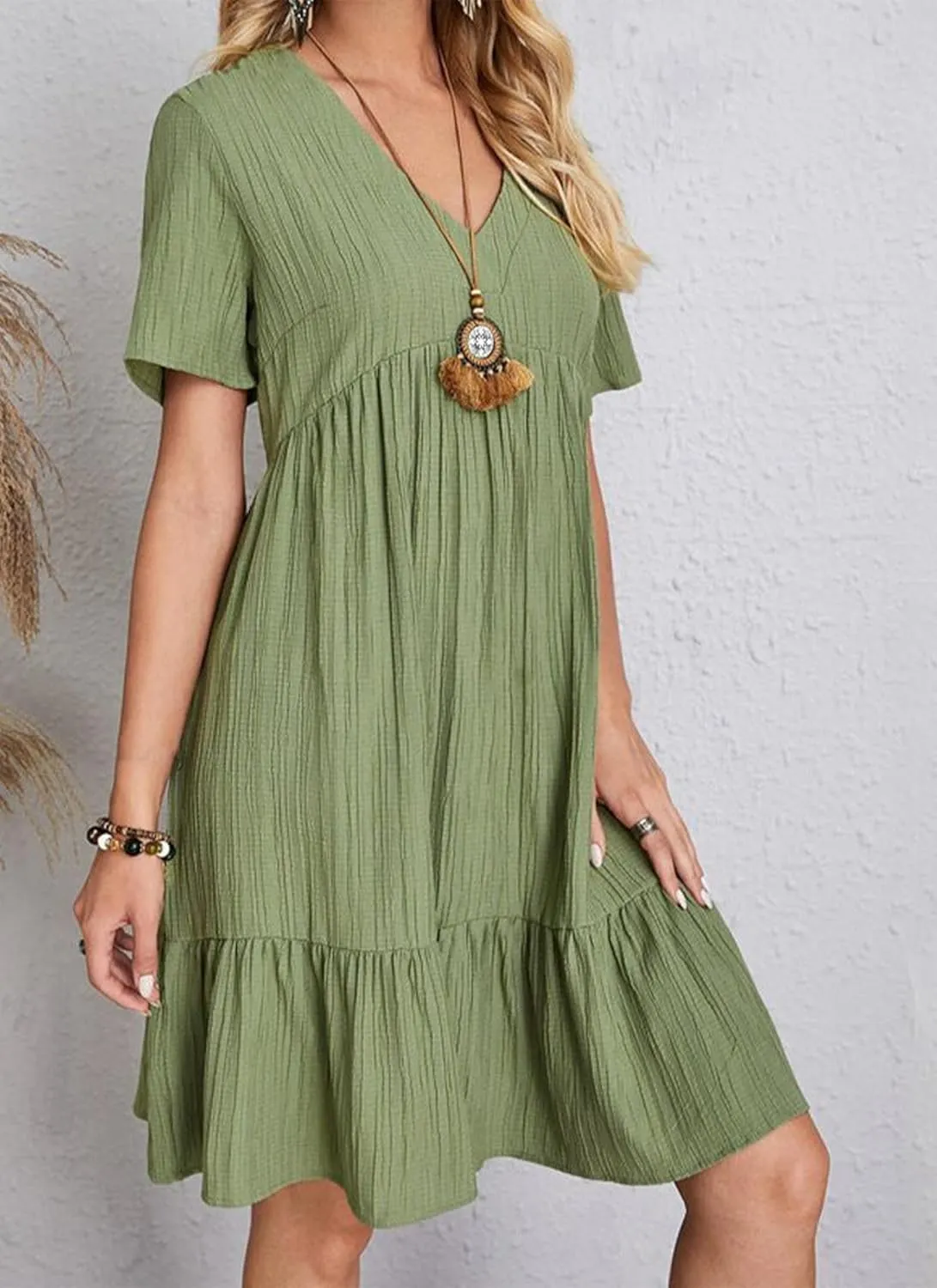 Women's V Neck Short Sleeve Ruffle Hem Mini Dress 2025 Summer Elegant Soft Boho Flowy A-Line Solid Chiffon Tunic Dresses
