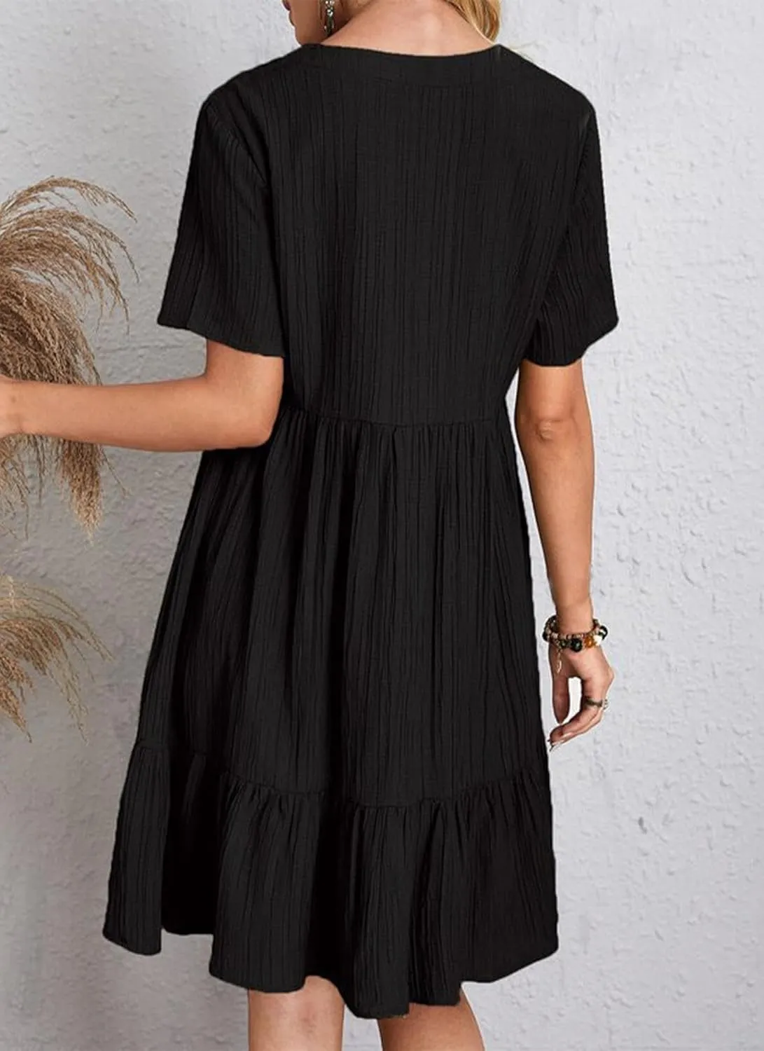 Women's V Neck Short Sleeve Ruffle Hem Mini Dress 2025 Summer Elegant Soft Boho Flowy A-Line Solid Chiffon Tunic Dresses
