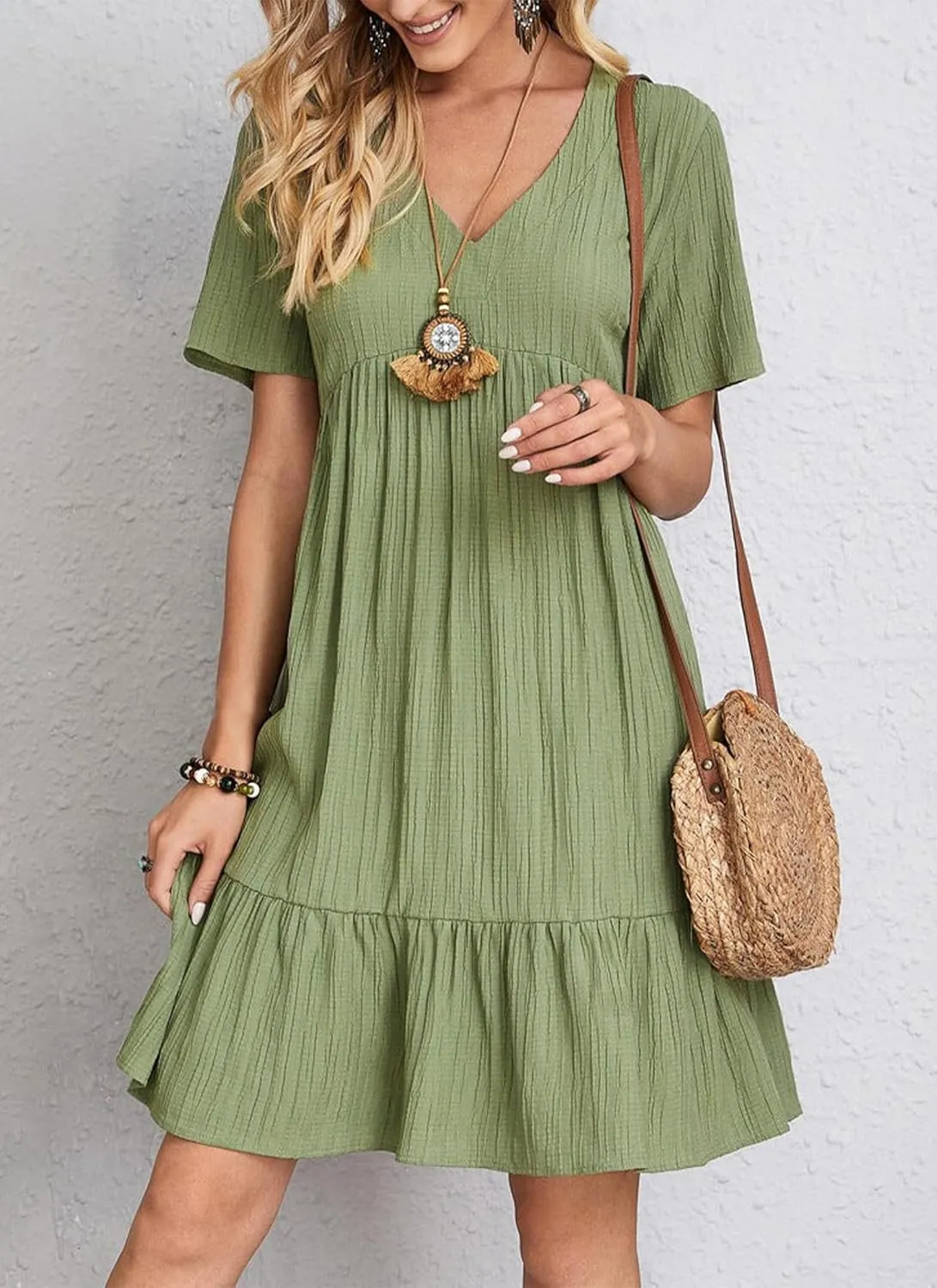 Women's V Neck Short Sleeve Ruffle Hem Mini Dress 2025 Summer Elegant Soft Boho Flowy A-Line Solid Chiffon Tunic Dresses