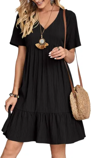 Women's V Neck Short Sleeve Ruffle Hem Mini Dress 2025 Summer Elegant Soft Boho Flowy A-Line Solid Chiffon Tunic Dresses