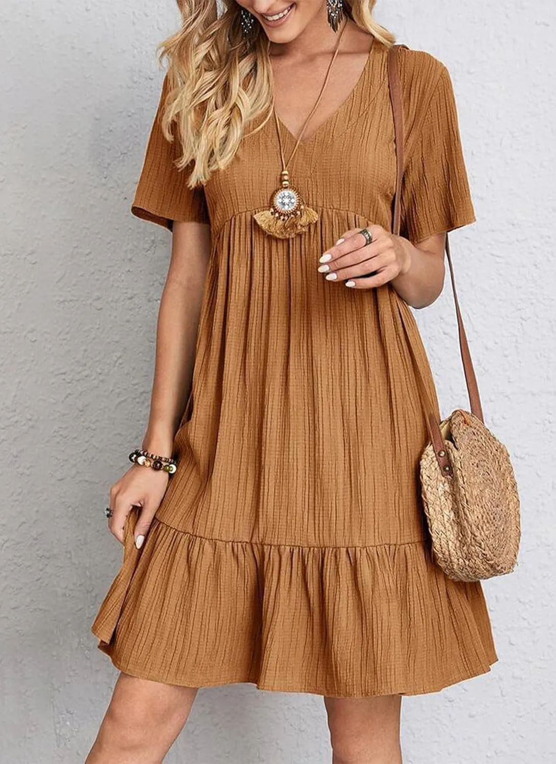 Women's V Neck Short Sleeve Ruffle Hem Mini Dress 2025 Summer Elegant Soft Boho Flowy A-Line Solid Chiffon Tunic Dresses