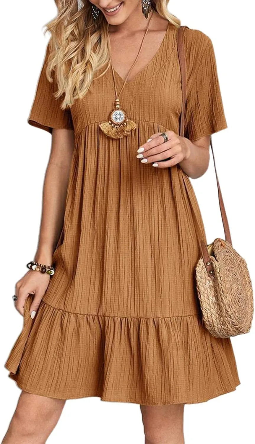 Women's V Neck Short Sleeve Ruffle Hem Mini Dress 2025 Summer Elegant Soft Boho Flowy A-Line Solid Chiffon Tunic Dresses