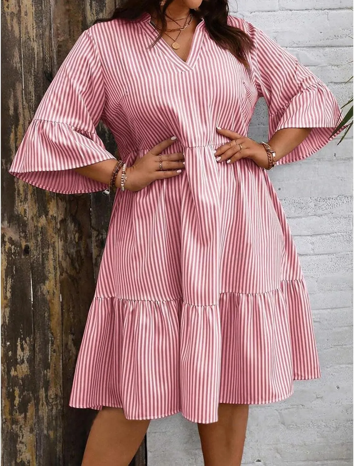 Women's V Neck Striped Dress Summer Tiered Layer Dresses Half Sleeve Flared Midi Dress Swing Ruffle Hem Dresses