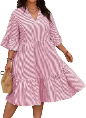 Women's V Neck Striped Dress Summer Tiered Layer Dresses Half Sleeve Flared Midi Dress Swing Ruffle Hem Dresses