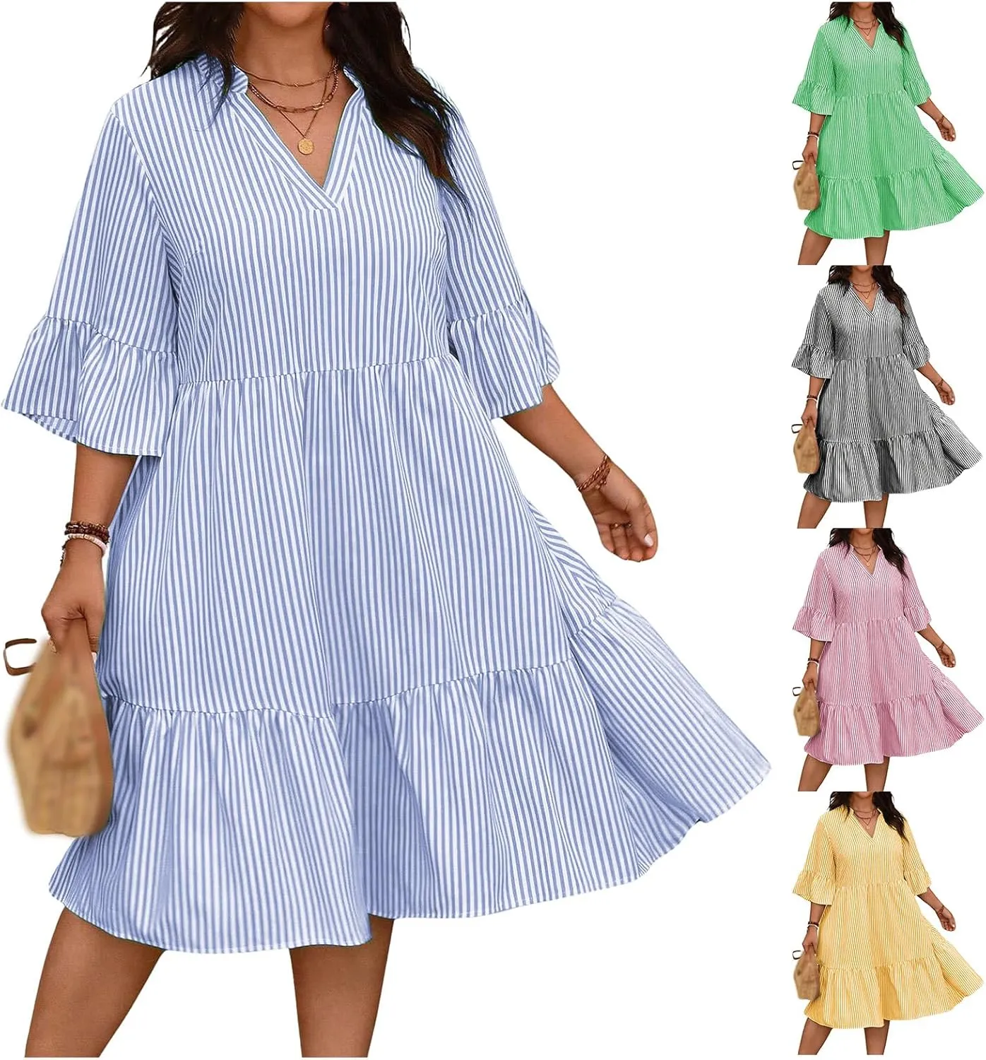 Women's V Neck Striped Dress Summer Tiered Layer Dresses Half Sleeve Flared Midi Dress Swing Ruffle Hem Dresses