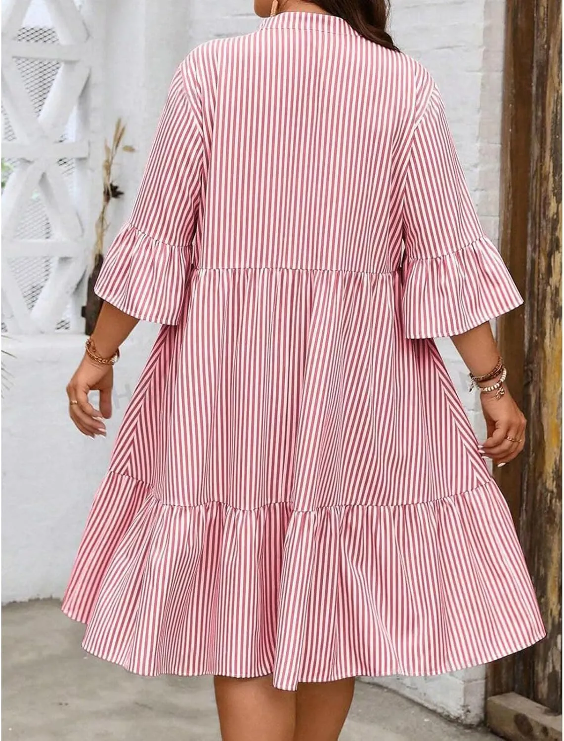 Women's V Neck Striped Dress Summer Tiered Layer Dresses Half Sleeve Flared Midi Dress Swing Ruffle Hem Dresses