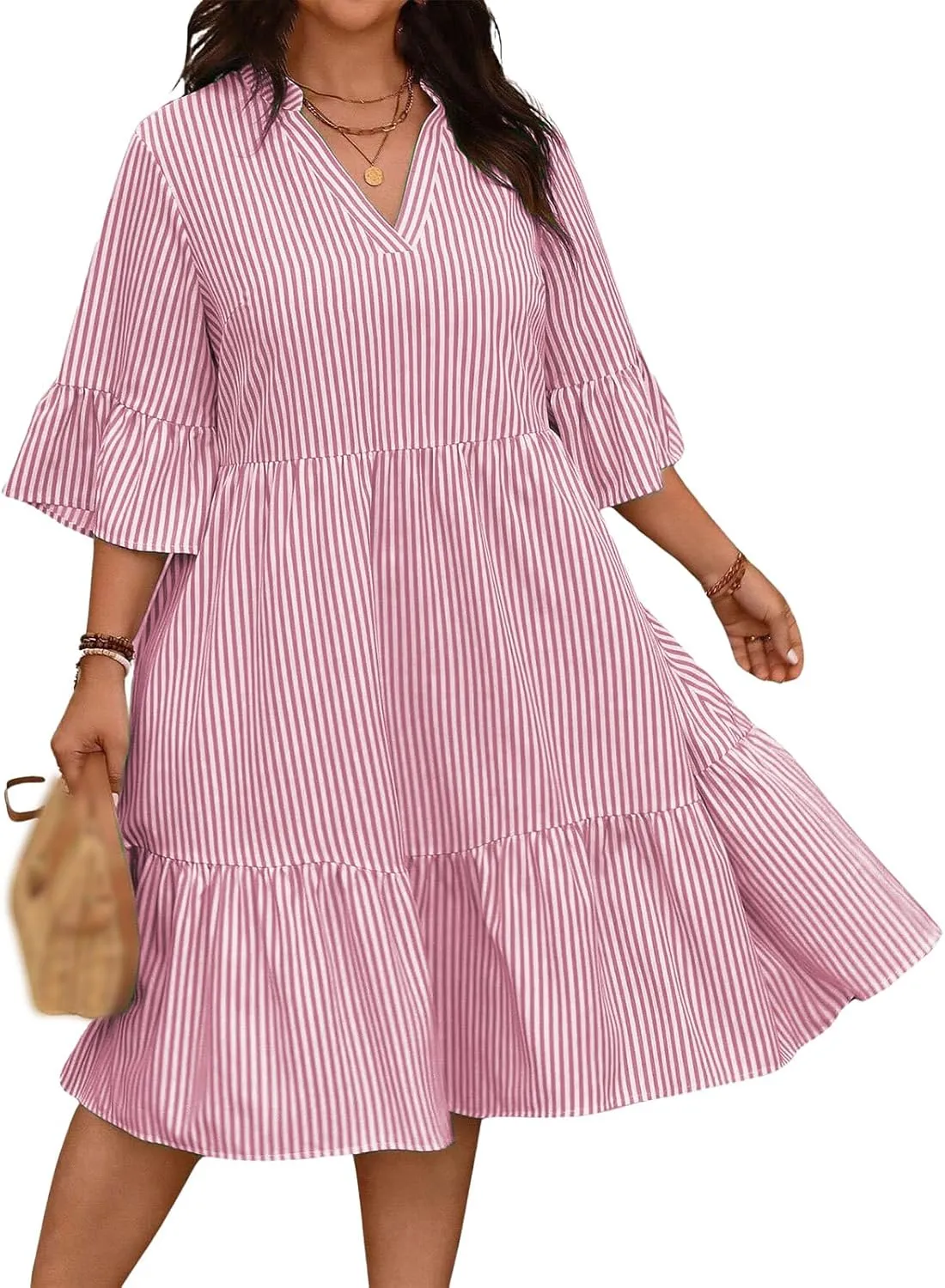 Women's V Neck Striped Dress Summer Tiered Layer Dresses Half Sleeve Flared Midi Dress Swing Ruffle Hem Dresses
