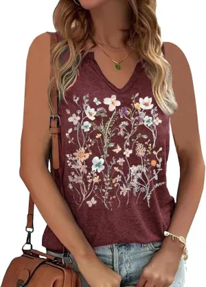 Womens V Neck Tops Flowers Graphic Tank Tops Sleeveless Summer Tops Casual Loose Vacation Tanks Clothes