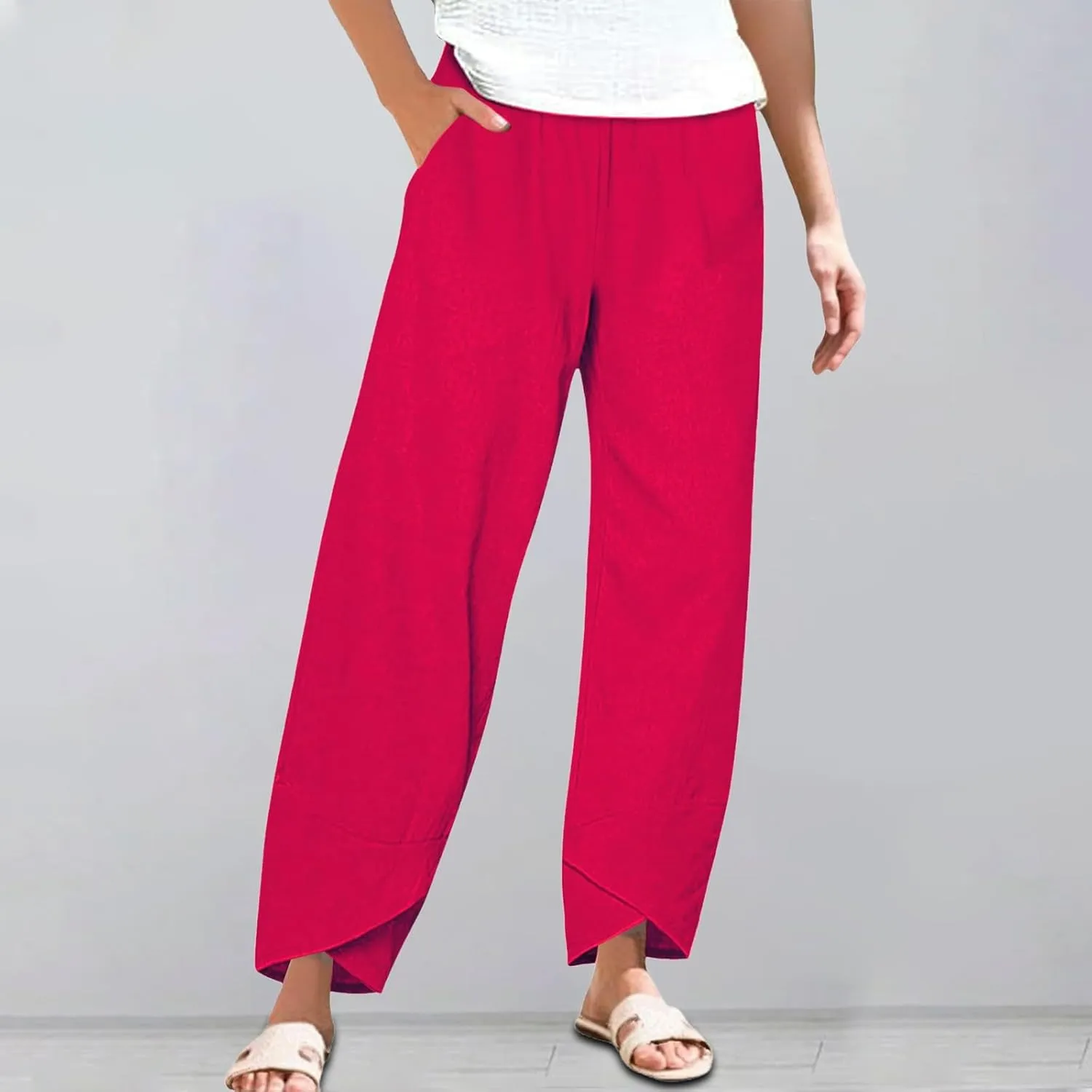 Women's Wide Leg Pants with Pockets Work Pants with Pockets Elastic High Waist Paper Summer Boho Wide Leg High Waist