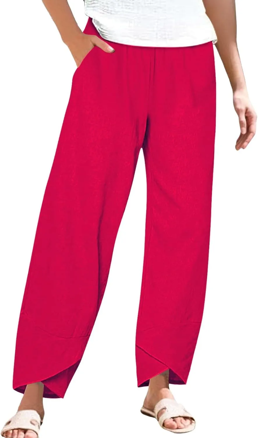 Women's Wide Leg Pants with Pockets Work Pants with Pockets Elastic High Waist Paper Summer Boho Wide Leg High Waist
