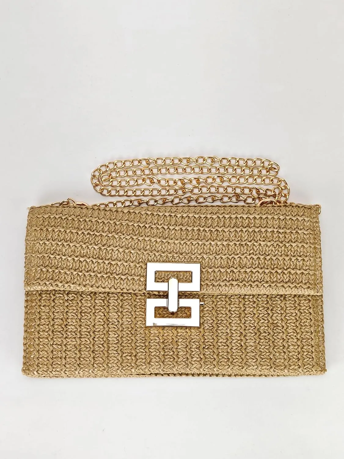 Women's Woven Flap Clutch Purse Pleated Straw Bag Crossbody Handbag Vacation Shoulder Bags With Chain