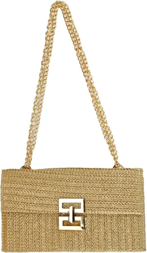 Women's Woven Flap Clutch Purse Pleated Straw Bag Crossbody Handbag Vacation Shoulder Bags With Chain