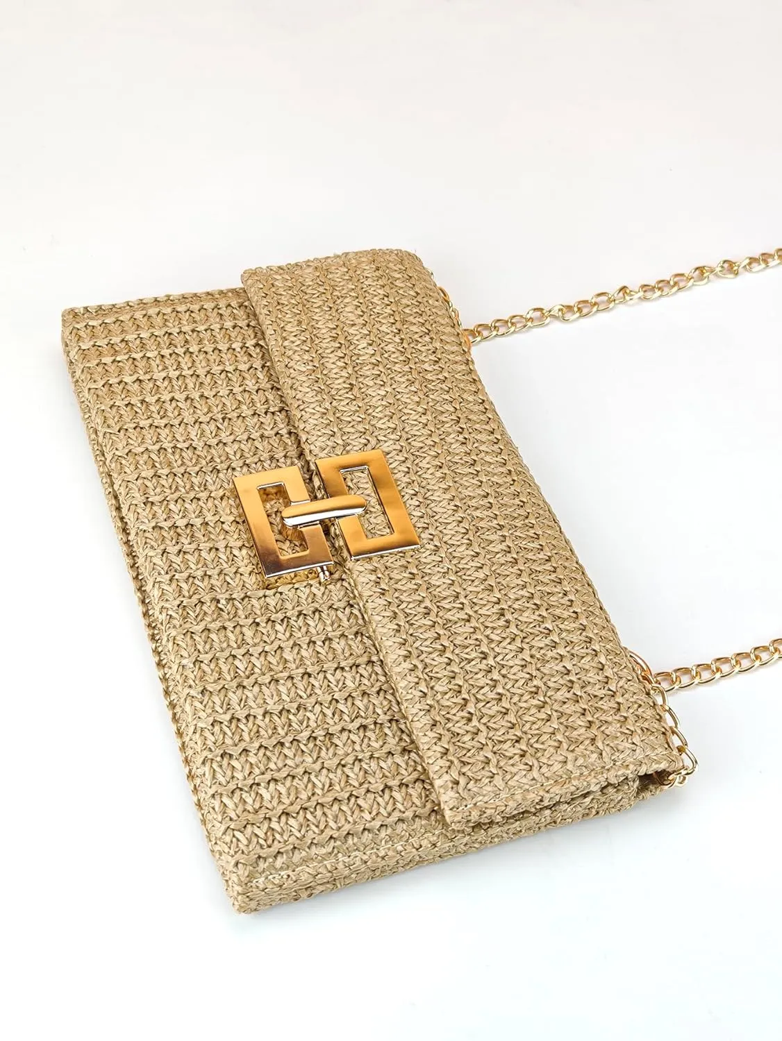 Women's Woven Flap Clutch Purse Pleated Straw Bag Crossbody Handbag Vacation Shoulder Bags With Chain