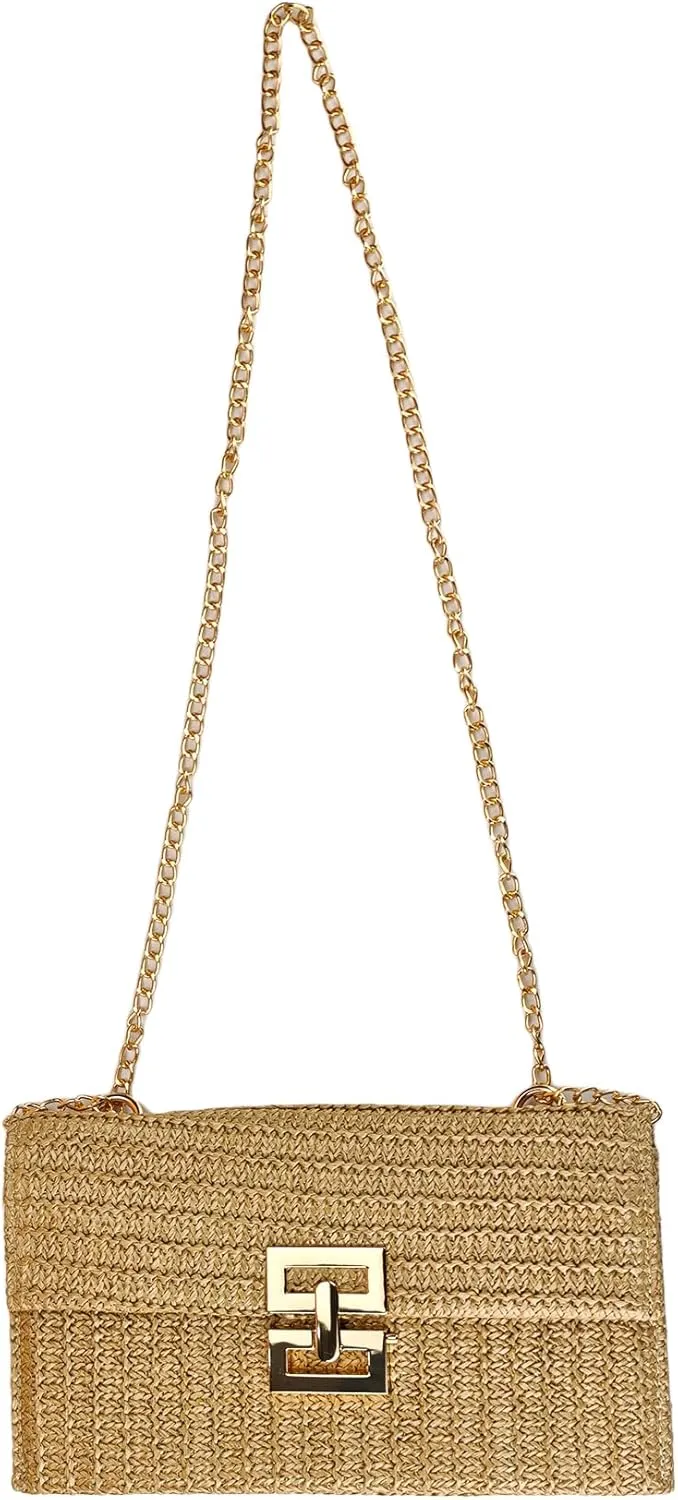 Women's Woven Flap Clutch Purse Pleated Straw Bag Crossbody Handbag Vacation Shoulder Bags With Chain