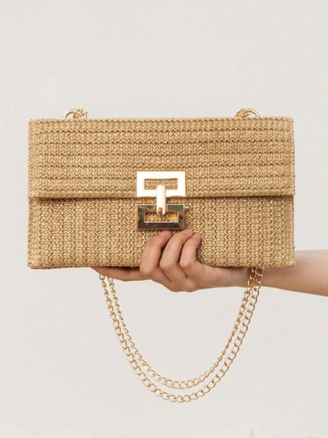 Women's Woven Flap Clutch Purse Pleated Straw Bag Crossbody Handbag Vacation Shoulder Bags With Chain