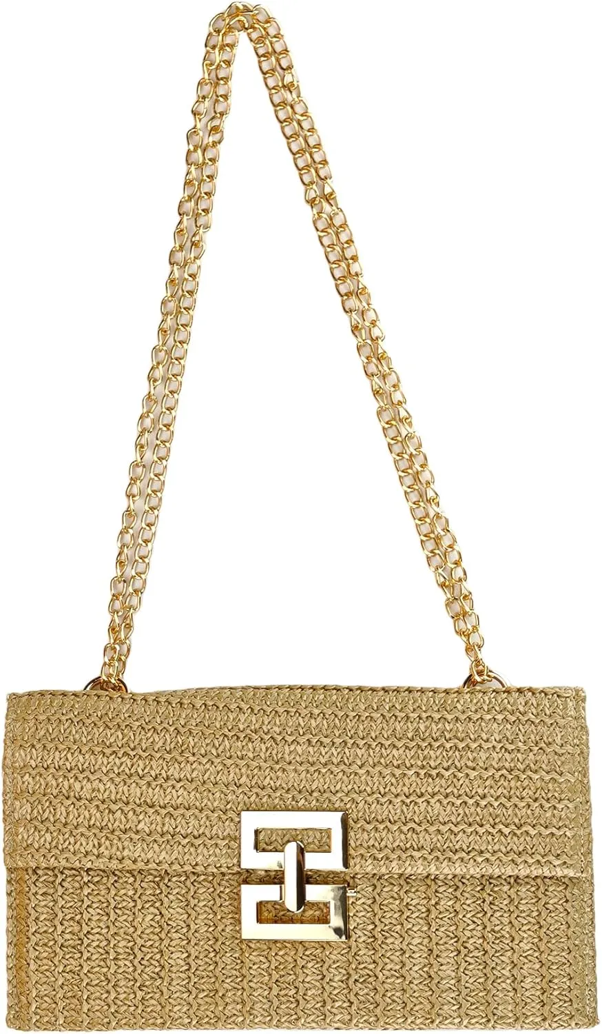 Women's Woven Flap Clutch Purse Pleated Straw Bag Crossbody Handbag Vacation Shoulder Bags With Chain