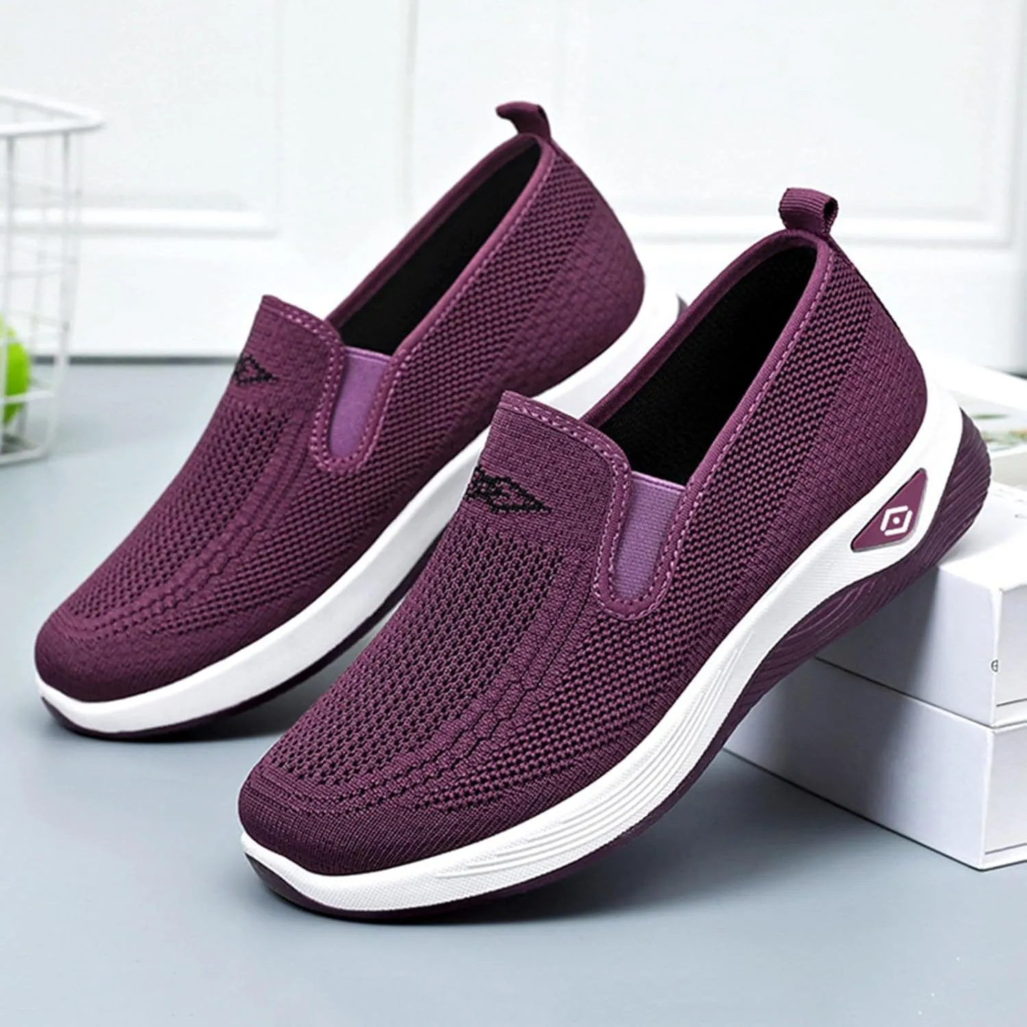 Women's Woven Orthopedic Breathable Soft Shoes Slip On Arch Support Walking Flying Sneakers Comfortable Wide Width Walking Shoes