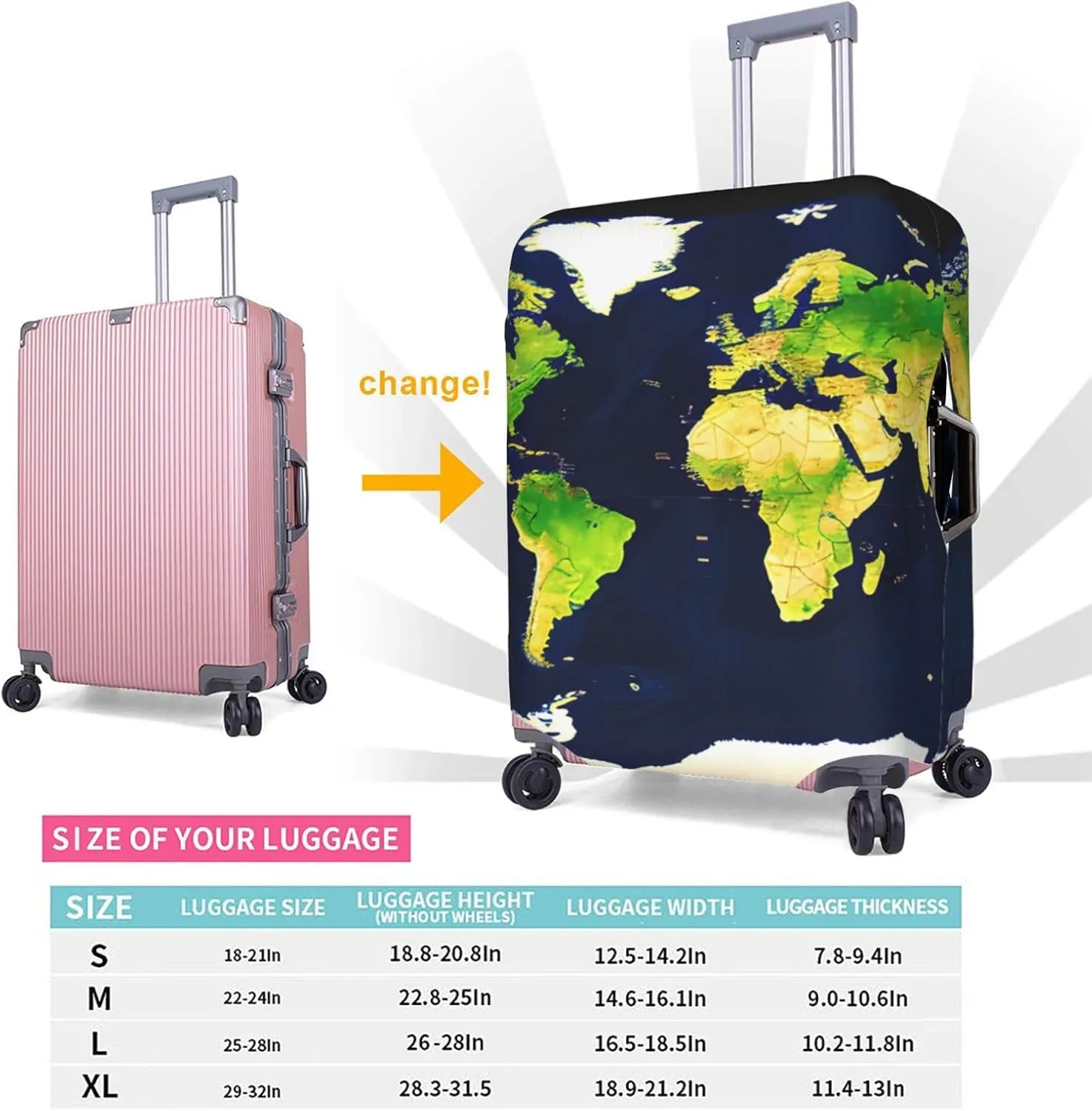 World Map Print Practical Elastic Washable Travel Luggage Cover with Concealed Zipper for Suitcases