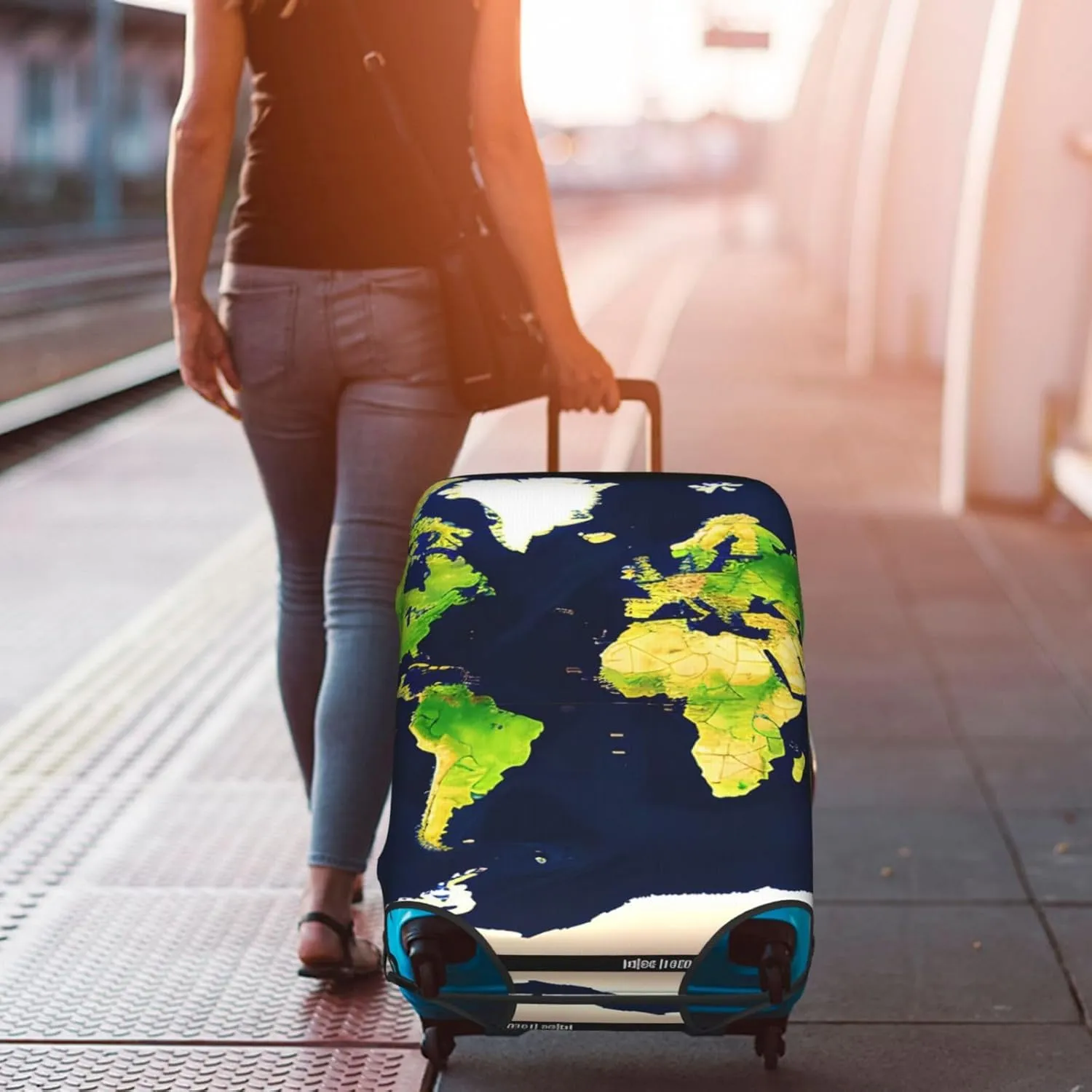 World Map Print Practical Elastic Washable Travel Luggage Cover with Concealed Zipper for Suitcases