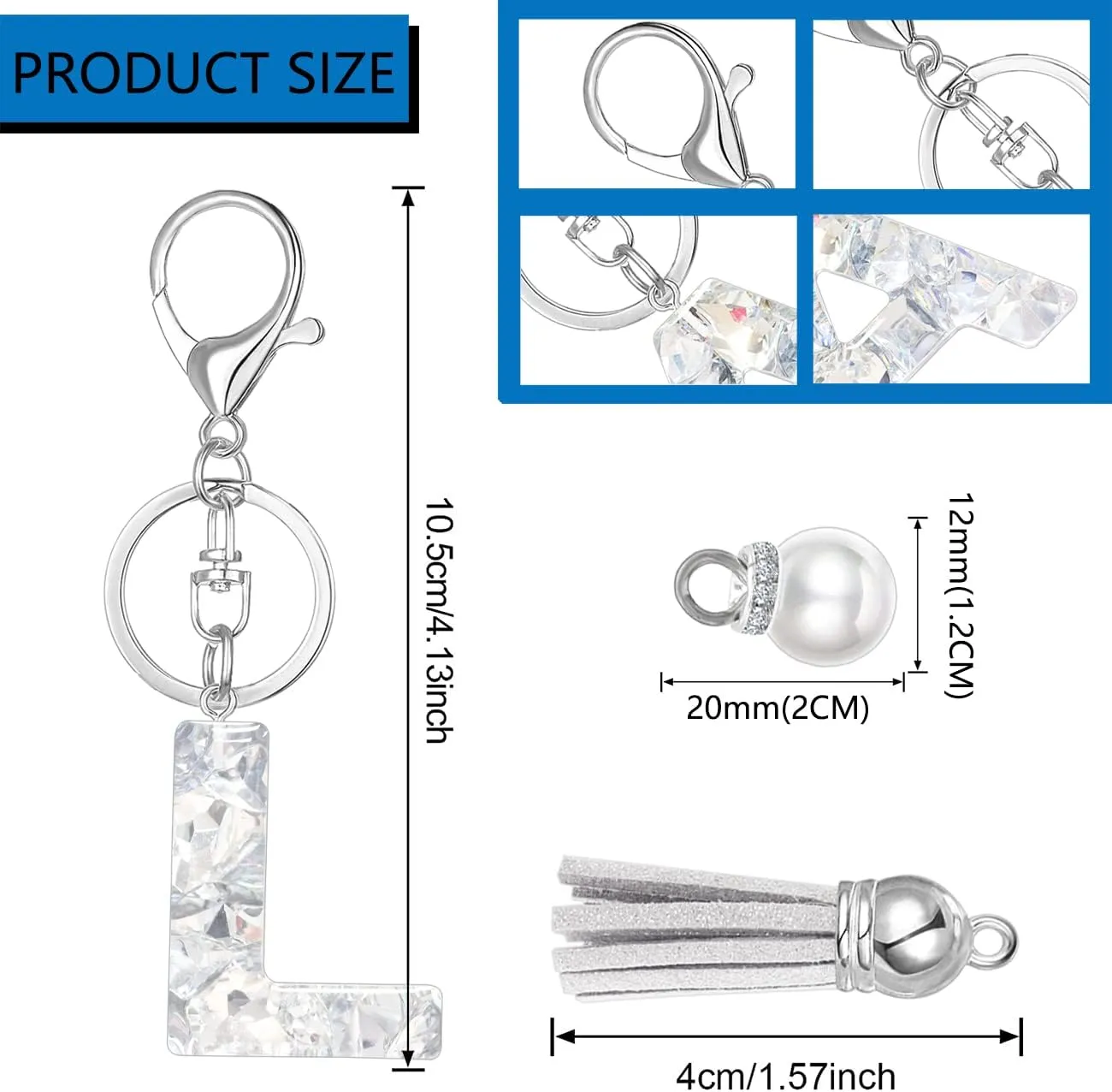 XGALBLA Women's Rhinestone Alphabet Letter Keychain Tassel, Simulated Pearls and Initial with Key Ring Bag Charm for Handbags