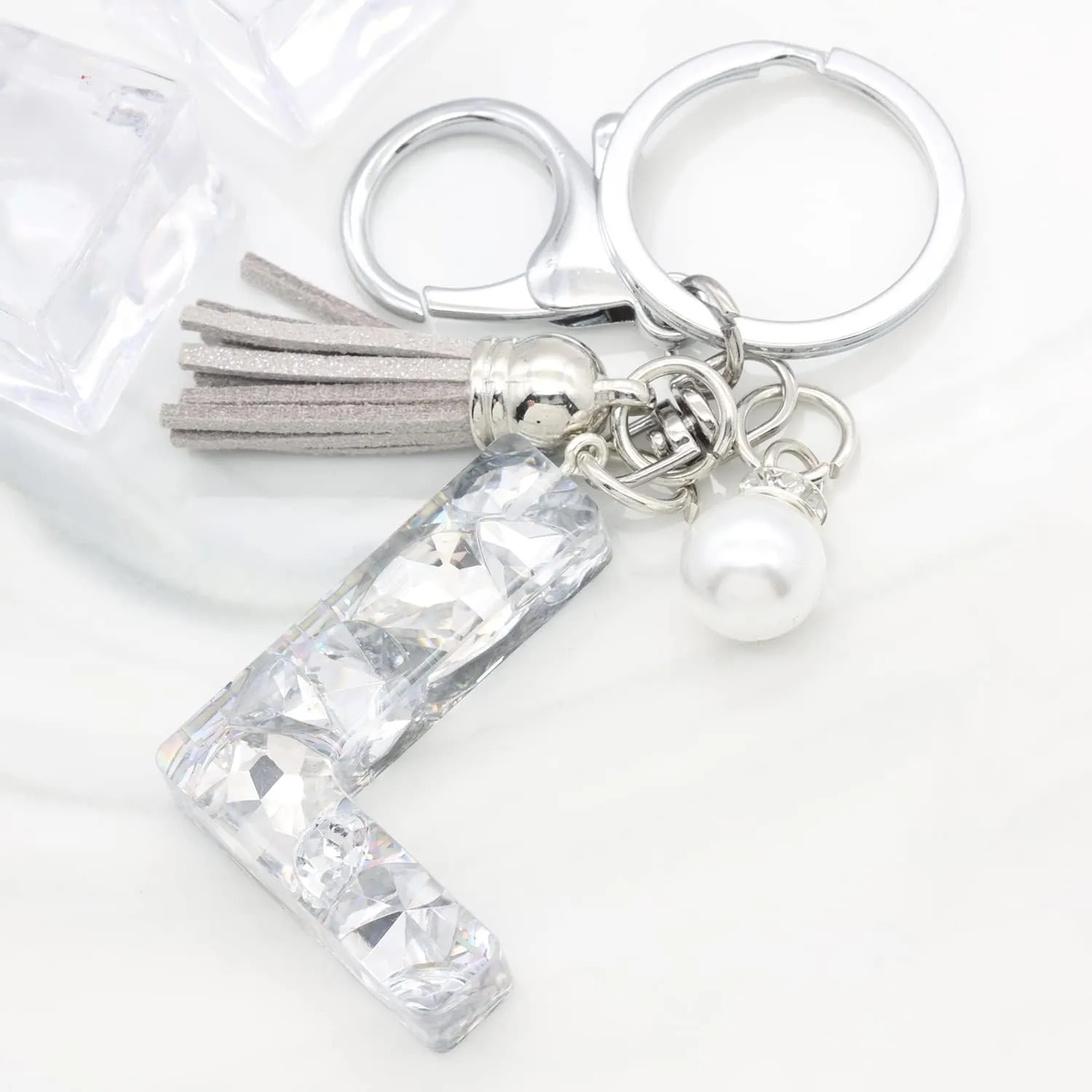 XGALBLA Women's Rhinestone Alphabet Letter Keychain Tassel, Simulated Pearls and Initial with Key Ring Bag Charm for Handbags