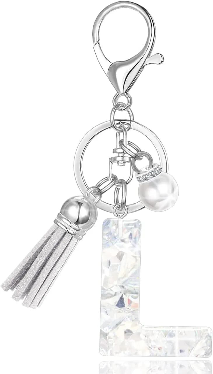 XGALBLA Women's Rhinestone Alphabet Letter Keychain Tassel, Simulated Pearls and Initial with Key Ring Bag Charm for Handbags