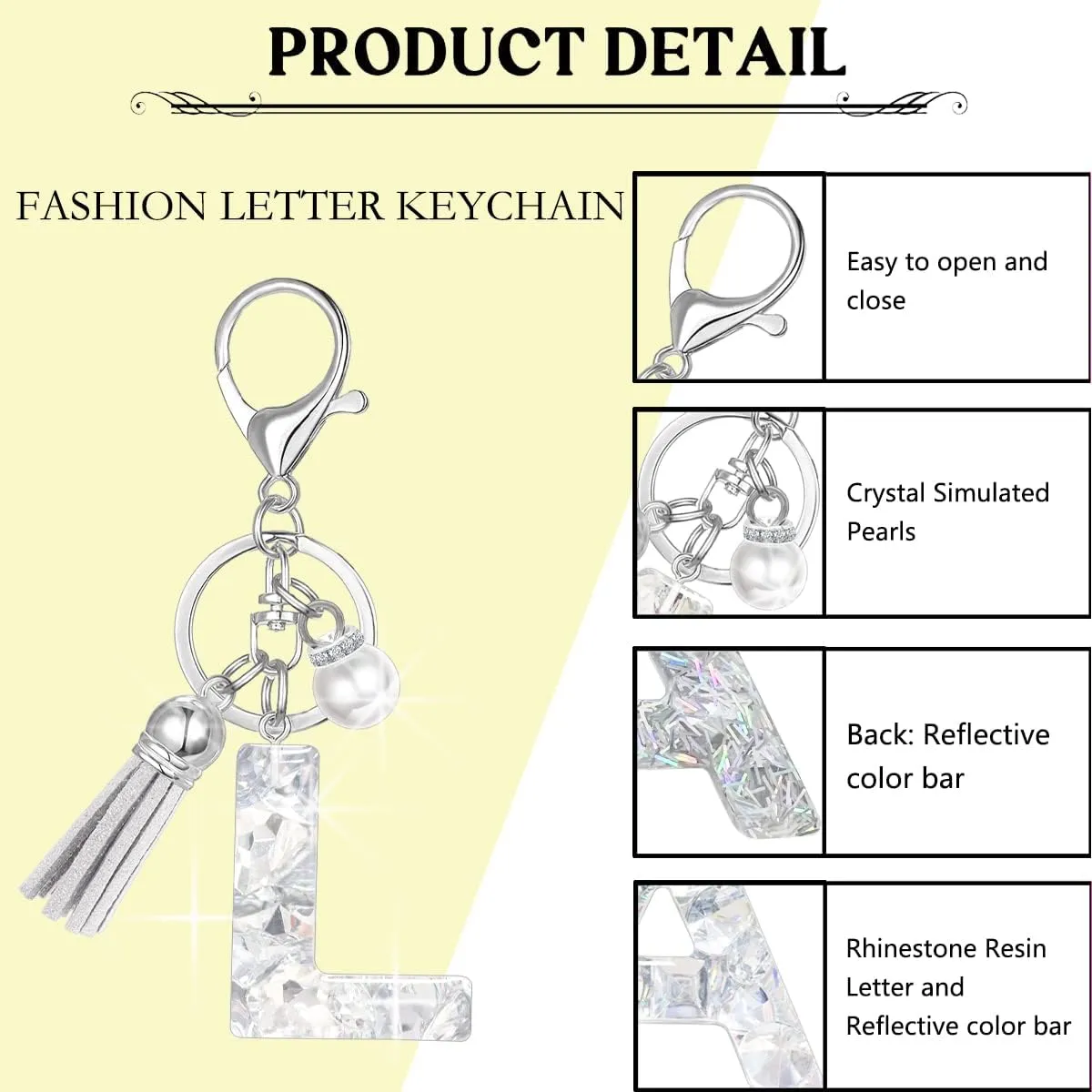 XGALBLA Women's Rhinestone Alphabet Letter Keychain Tassel, Simulated Pearls and Initial with Key Ring Bag Charm for Handbags
