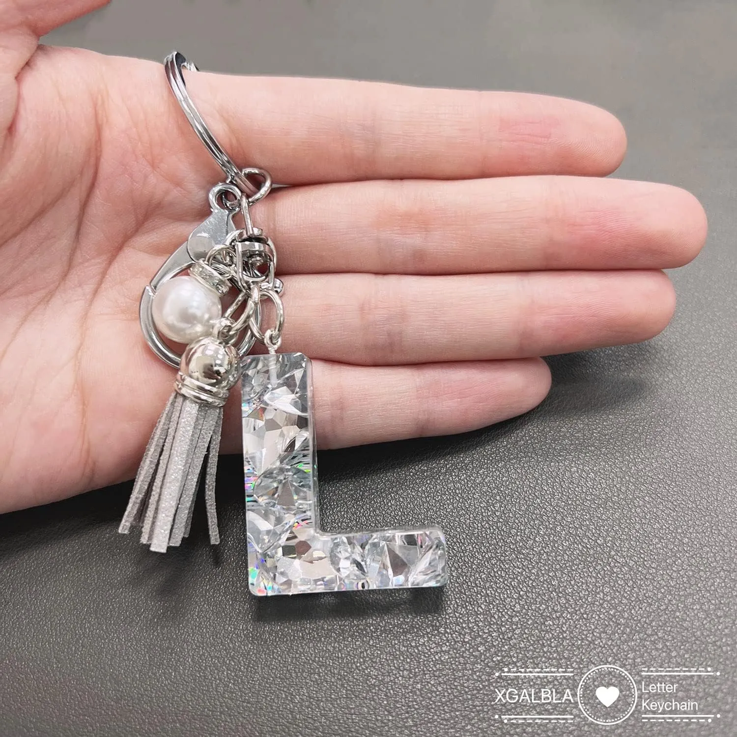 XGALBLA Women's Rhinestone Alphabet Letter Keychain Tassel, Simulated Pearls and Initial with Key Ring Bag Charm for Handbags