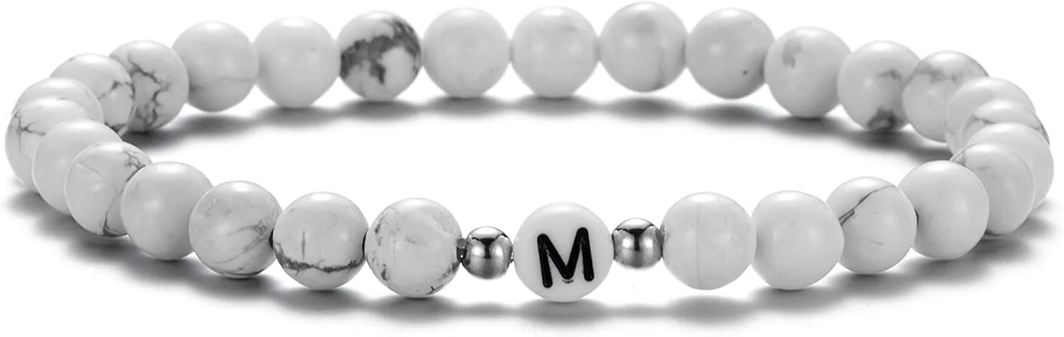 XIA YAN 6mm Black Onyx and White Howlite Handmade Letter Beads Bracelets for Women Men Initial Bracelets Gifts for Women (Couples Bracelets,Friendship Bracelets)