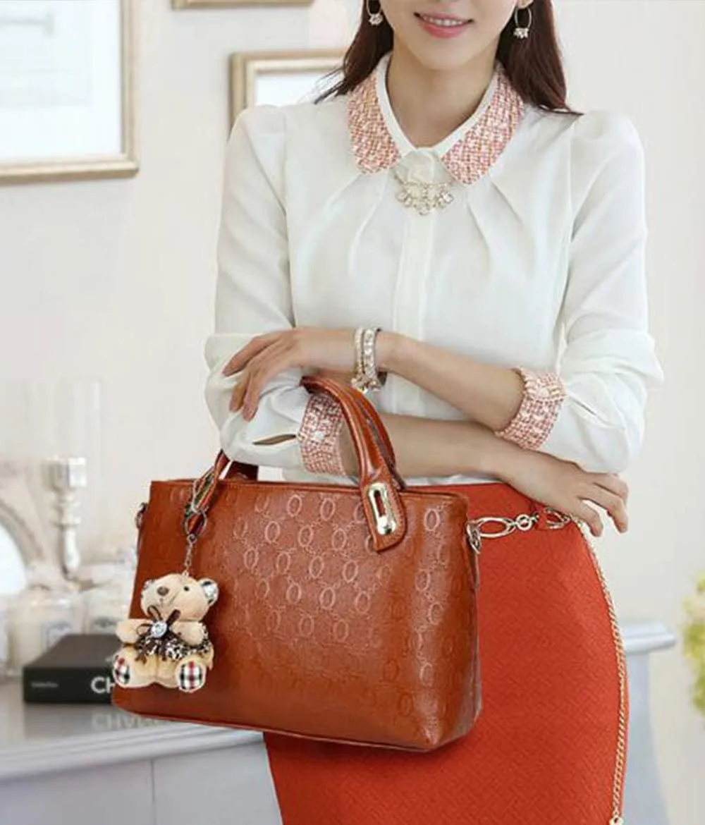 YAQUNICER Women Soft Synthetic PU Leather Metal Chain Tote Satchel Crossbody Shoulder Handbags Bear ornament Clutches