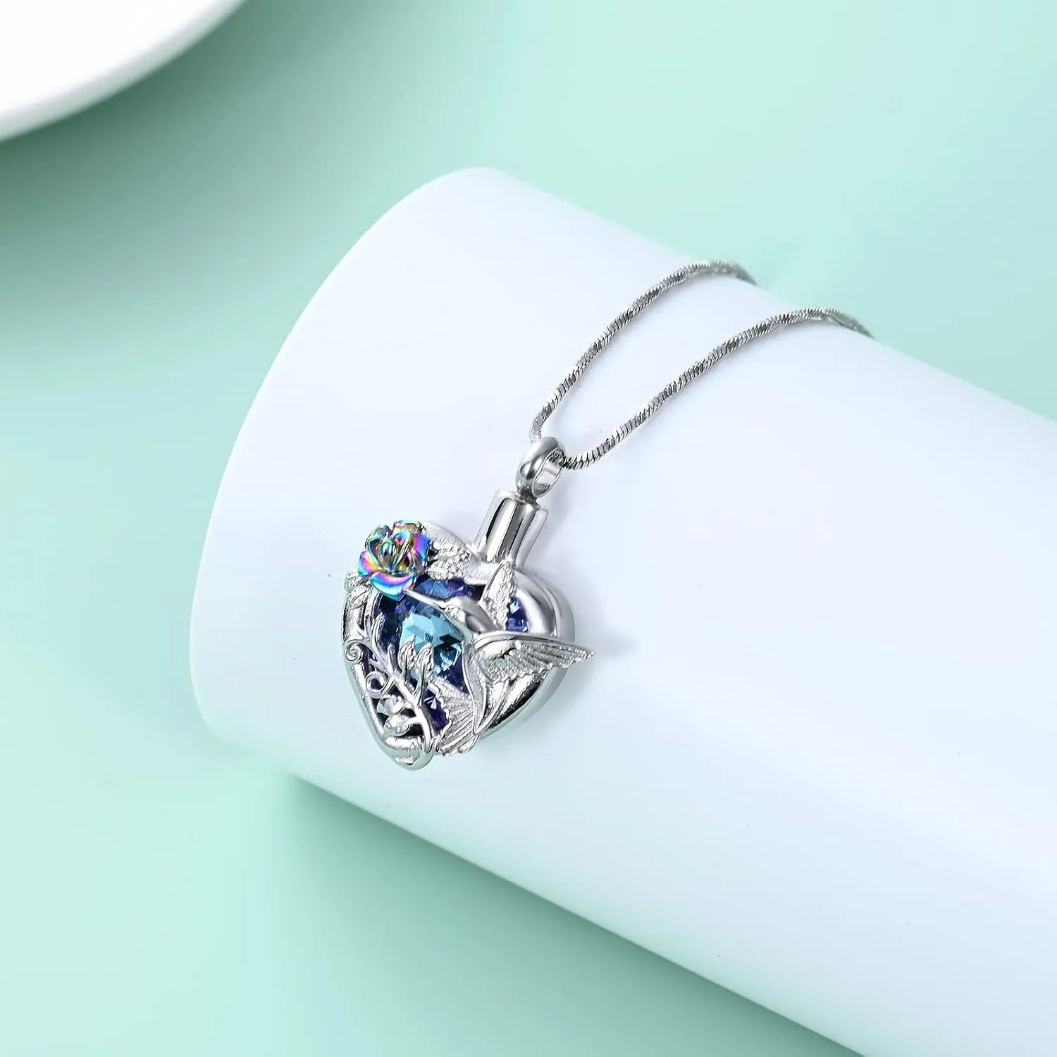 Yinplsmemory Hummingbird Cremation Jewelry Crystal Heart Urn Ashes Necklace for Women Men Memorial Keepsake Necklace of Loved One