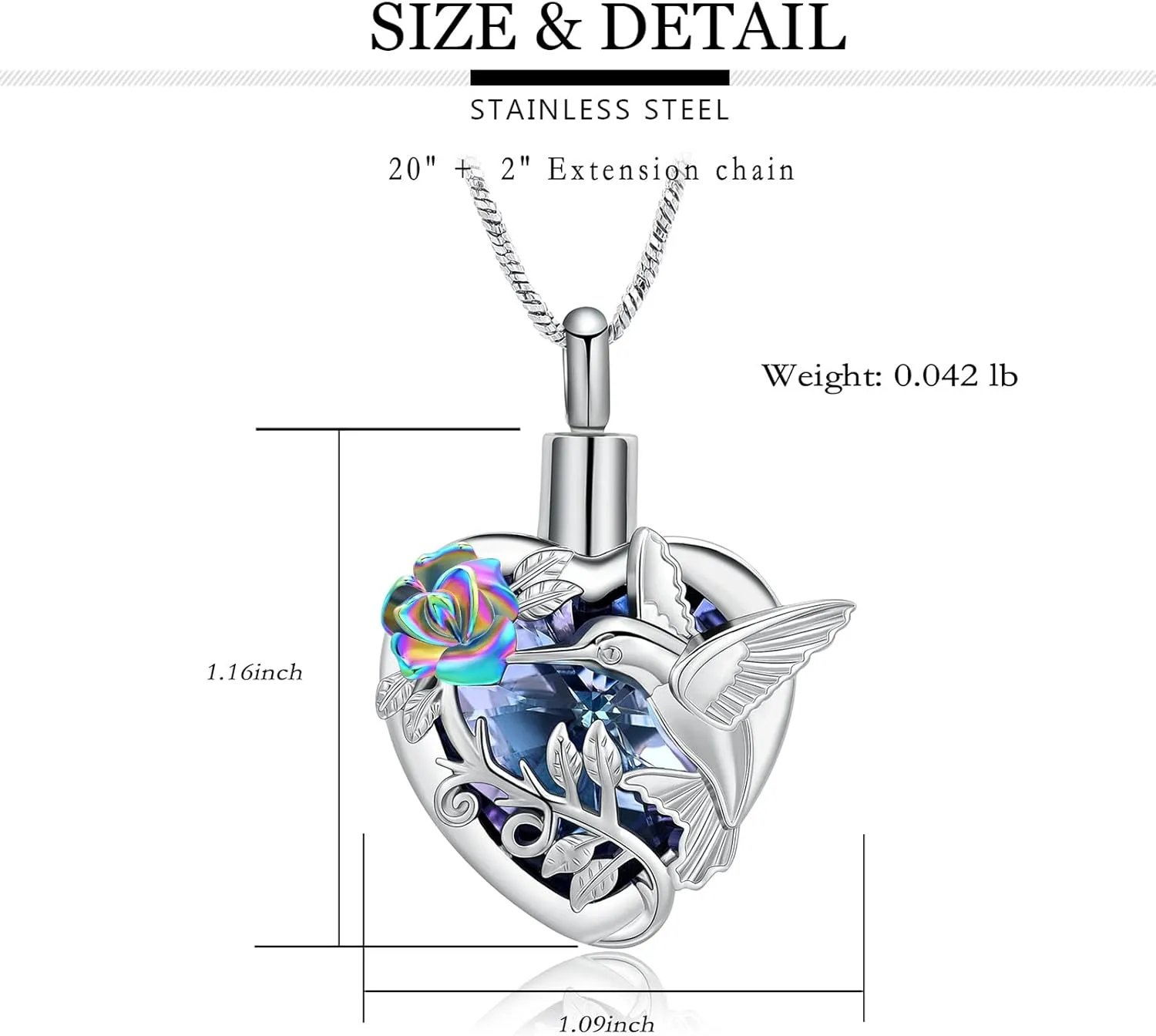 Yinplsmemory Hummingbird Cremation Jewelry Crystal Heart Urn Ashes Necklace for Women Men Memorial Keepsake Necklace of Loved One