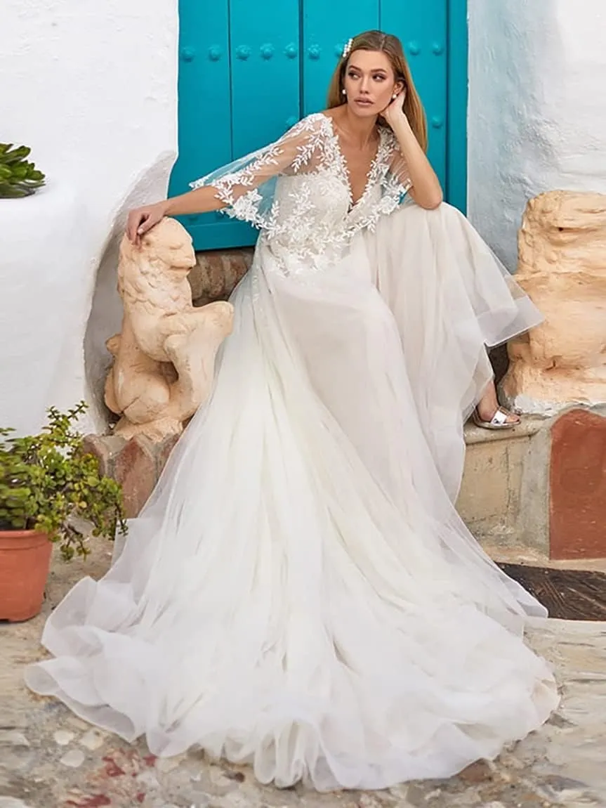 YMSHA Women's Beach Spaghetti Strap Wedding Dresses for Bride 2025 Boho Long Lace Bridal Gowns for Wedding YMS041