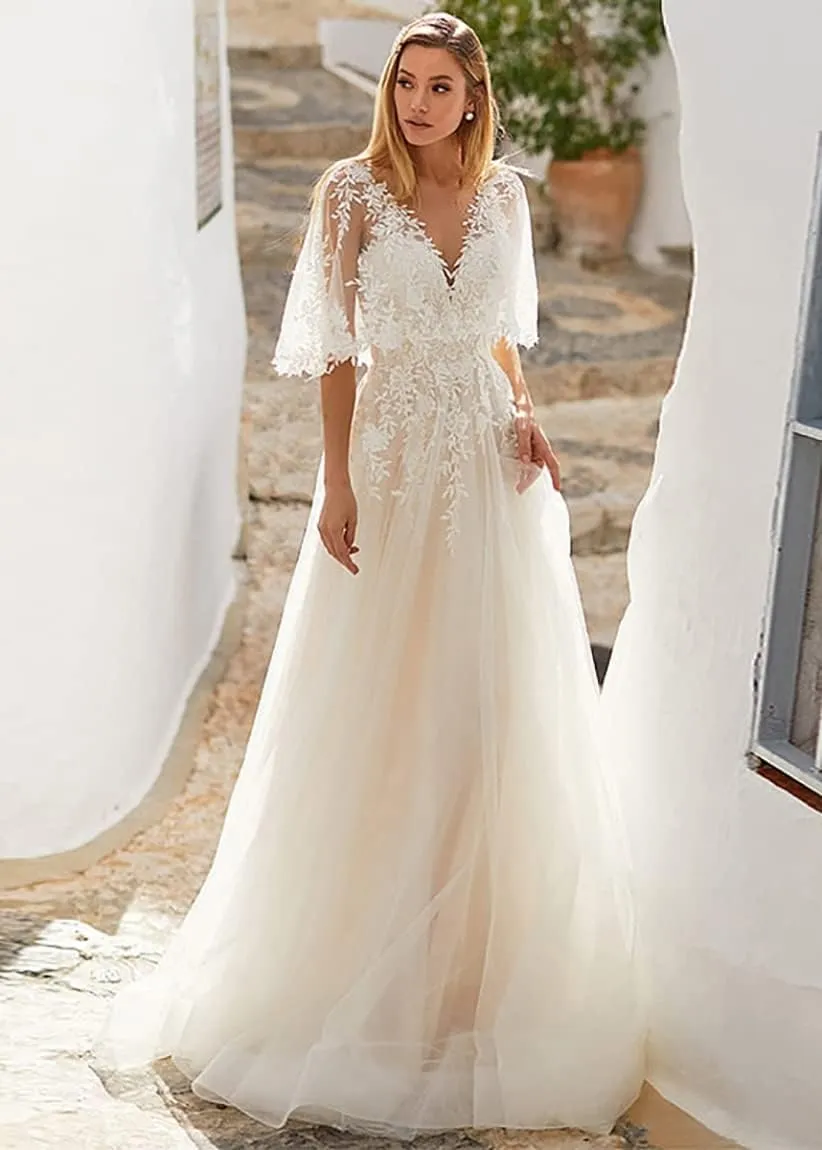 YMSHA Women's Beach Spaghetti Strap Wedding Dresses for Bride 2025 Boho Long Lace Bridal Gowns for Wedding YMS041