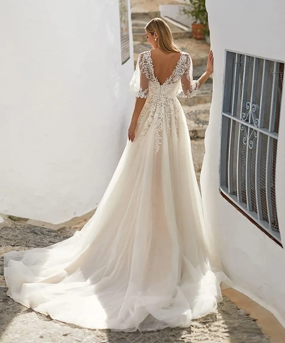 YMSHA Women's Beach Spaghetti Strap Wedding Dresses for Bride 2025 Boho Long Lace Bridal Gowns for Wedding YMS041