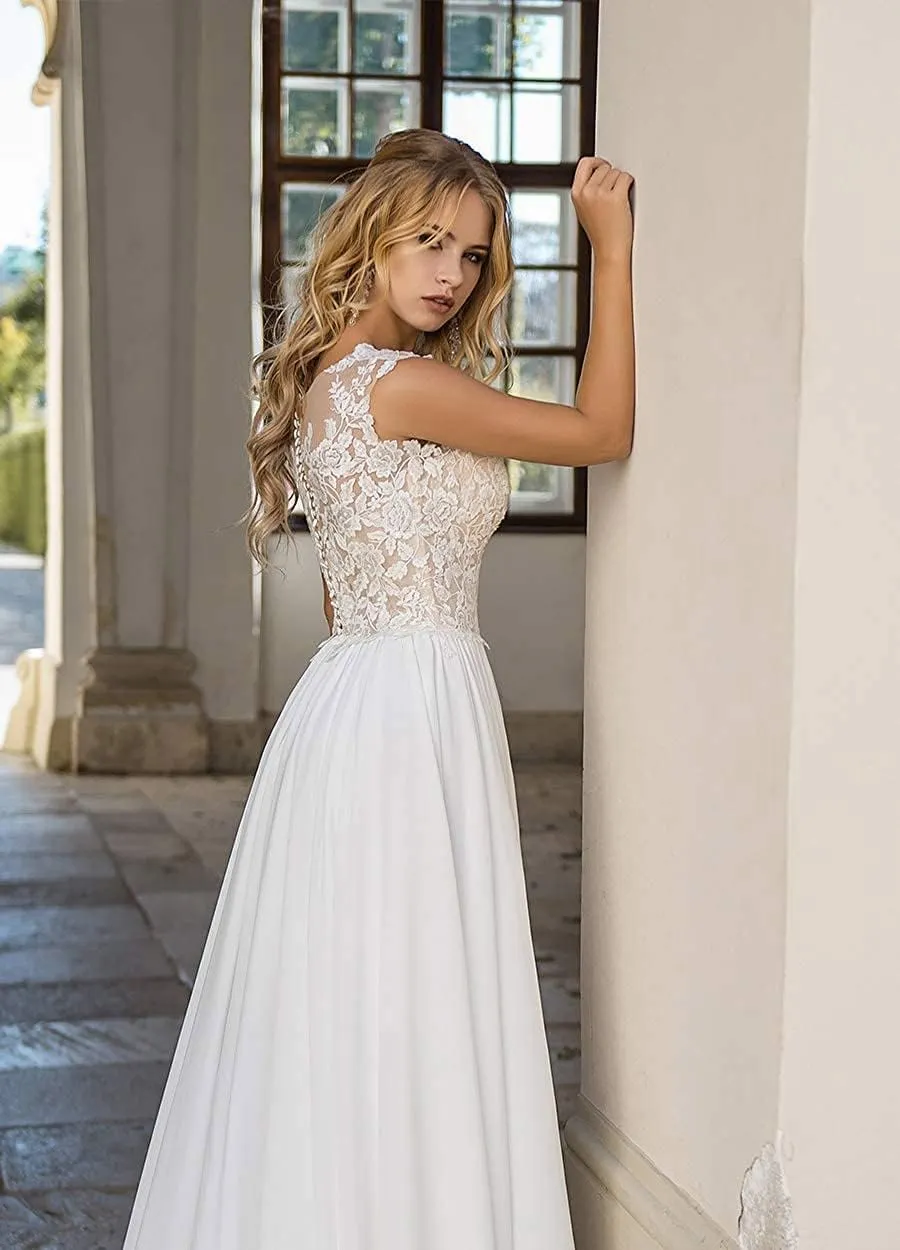 YMSHA Women's Beach Spaghetti Strap Wedding Dresses for Bride 2025 Boho Long Lace Bridal Gowns for Wedding YMS041
