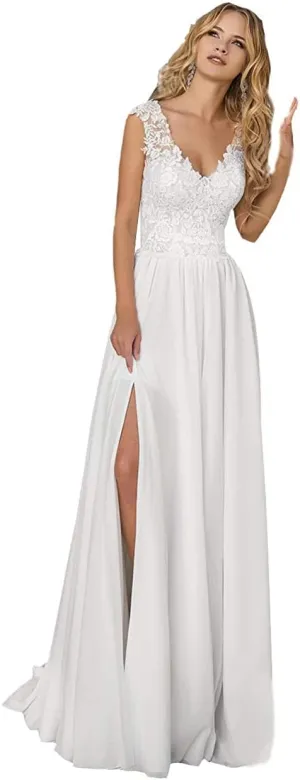 YMSHA Women's Beach Spaghetti Strap Wedding Dresses for Bride 2025 Boho Long Lace Bridal Gowns for Wedding YMS041