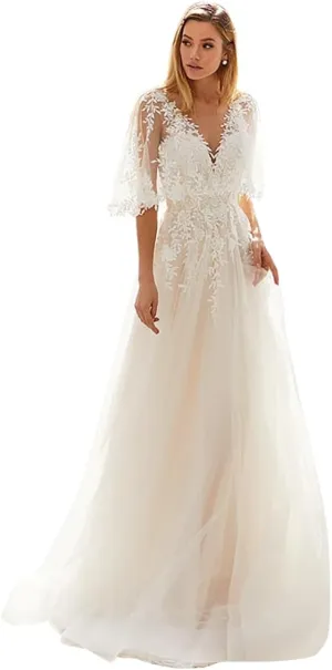 YMSHA Women's Beach Spaghetti Strap Wedding Dresses for Bride 2025 Boho Long Lace Bridal Gowns for Wedding YMS041