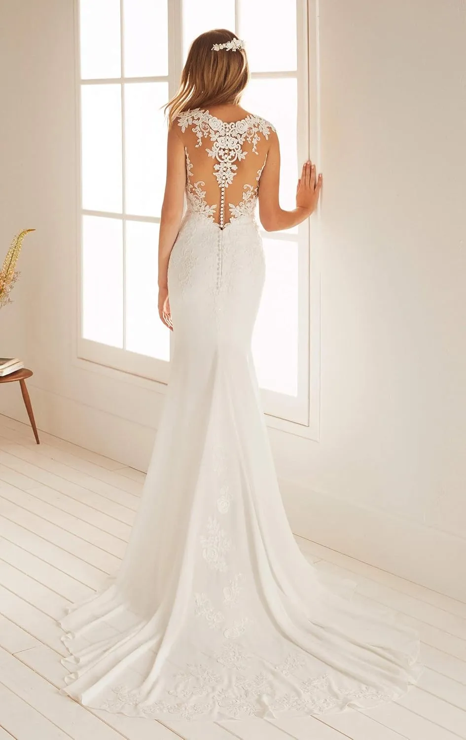 YMSHA Women's Beach Spaghetti Strap Wedding Dresses for Bride 2025 Boho Long Lace Bridal Gowns for Wedding YMS041